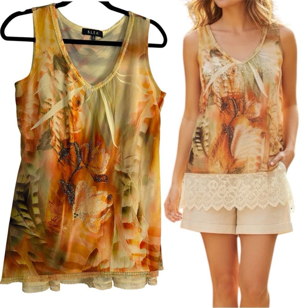 B.L.E.U. Flowy Y2K Tank Top with Rhinestone and Lace Details